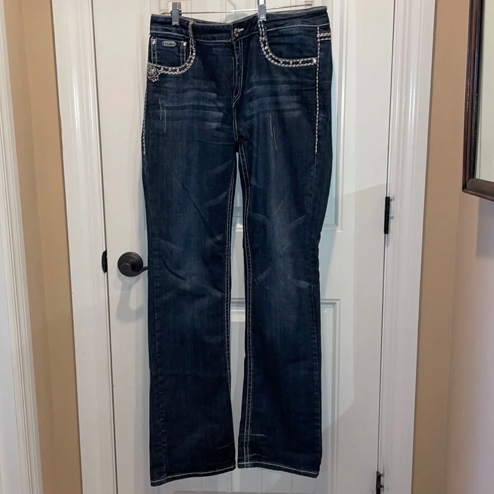 LA IDOL JEANS 15  ROSE Flair LEG JEANS RHINESTONES 5-POCKET ZIPFLY - Picture 16 of 16